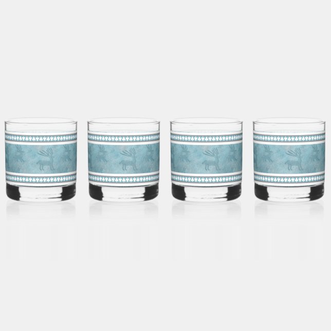 Southwest Winter Deer Blue and White Whiskey Glass (Front)