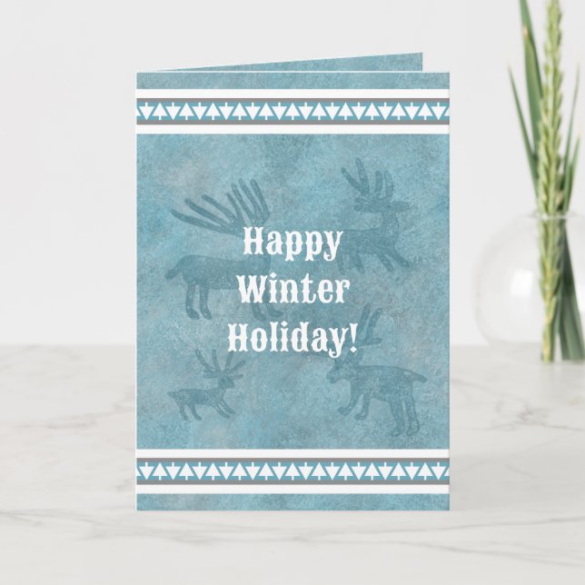 Southwest Winter Deer Blue Holiday Greeting Card (Front)