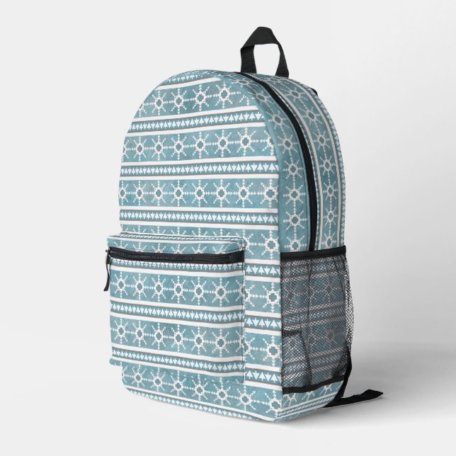 Southwest Winter Geometric Snowflake & Trees Blue Printed Backpack (Back Corner Right)