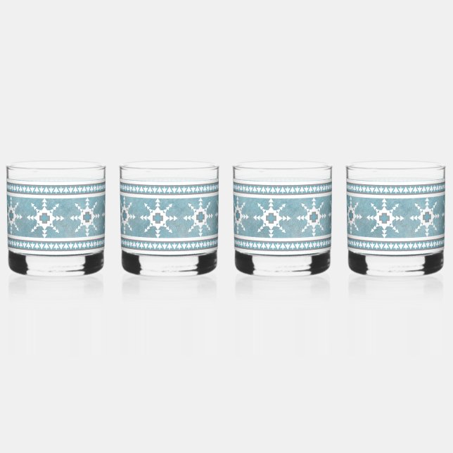 Southwest Winter Geometric Snowflakes Blue & White Whiskey Glass (Front)