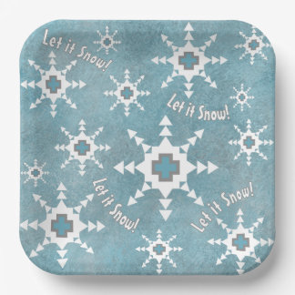 Southwest Winter Snowflakes & Pine Trees Blue Paper Plate