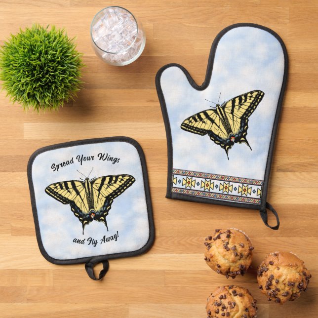 Southwest Yellow Butterfly Personalised Oven Mitt & Pot Holder Set (Top Down)