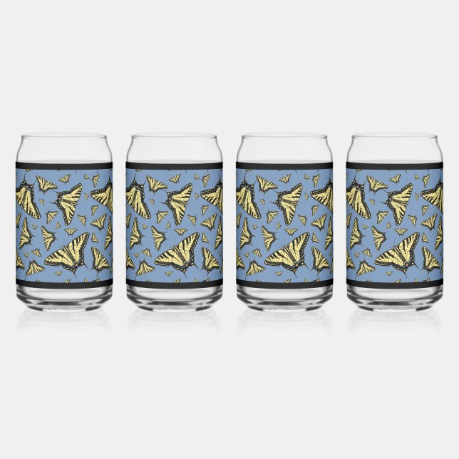Southwest Yellow Swallowtail Butterflies Blue Can Glass (Front)