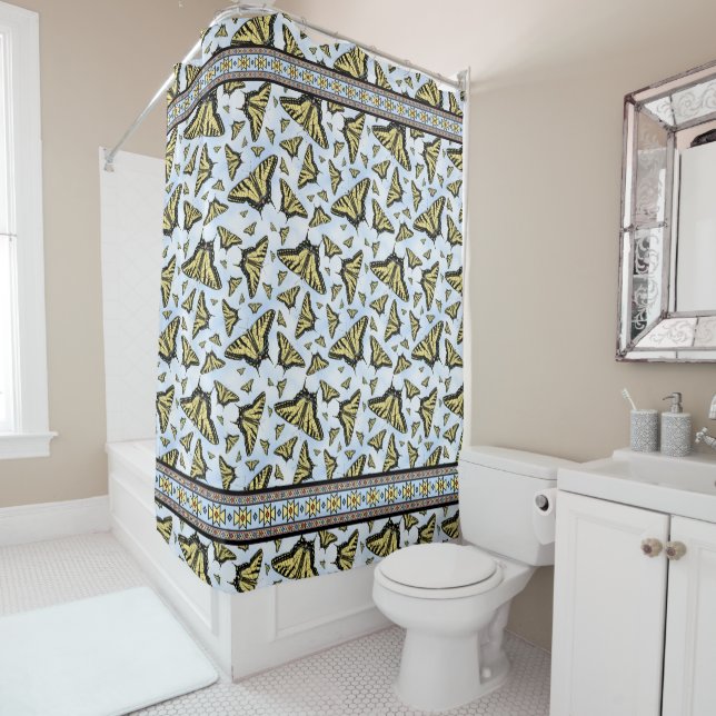 Southwest Yellow Swallowtail Butterflies Geometric Shower Curtain (In Situ)