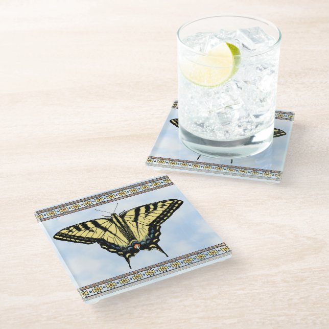 Southwest Yellow Swallowtail Butterfly Blue Sky Glass Coaster (Angled)