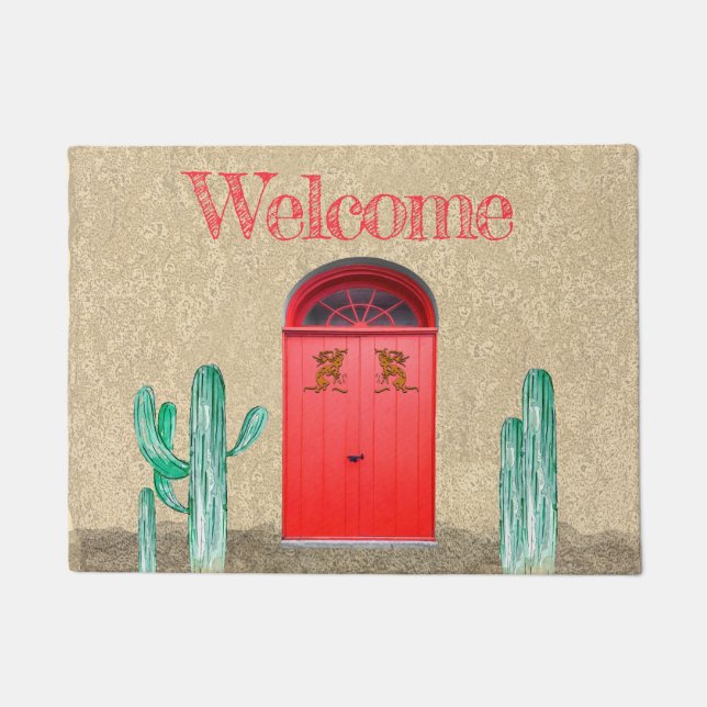 Southwestern Arched Red Doors Saguaro Cactus Doormat (Front)
