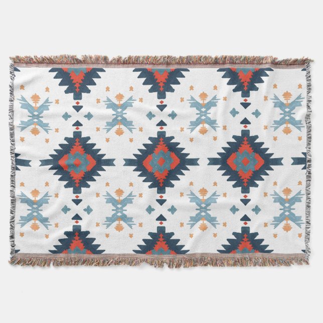 Southwestern Blue and Red Geometric Pattern Throw Blanket (Front)