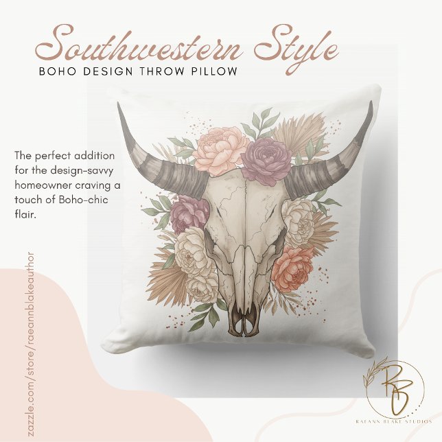Southwestern Boho Design Bull Skull Throw Pillow (Creator Uploaded)