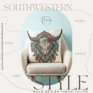 Southwestern Boho Design Bull Skull Throw Pillow