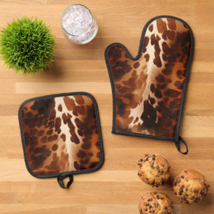 Southwestern Brown Cream Cowhide Oven Mitt & Pot Holder Set