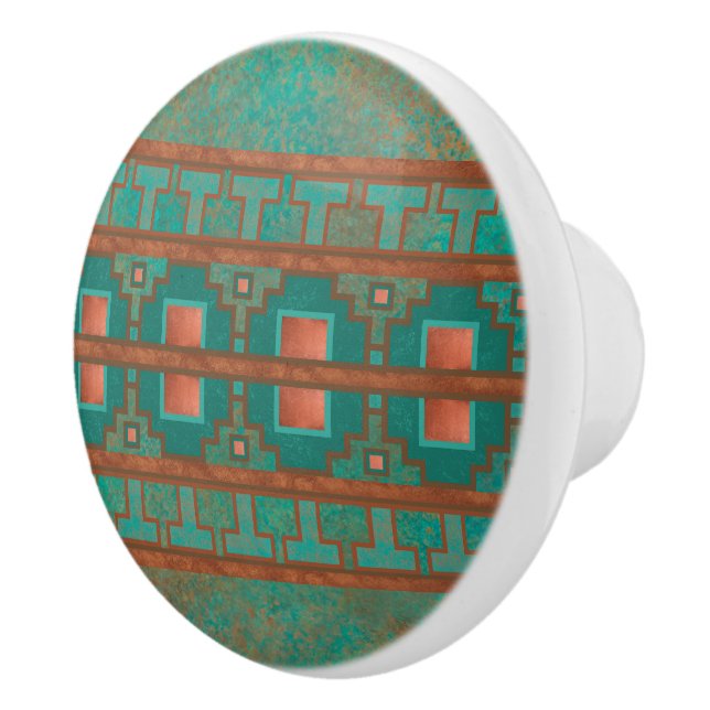 Southwestern Copper Teal Geometric Pattern Ceramic Knob (Right)