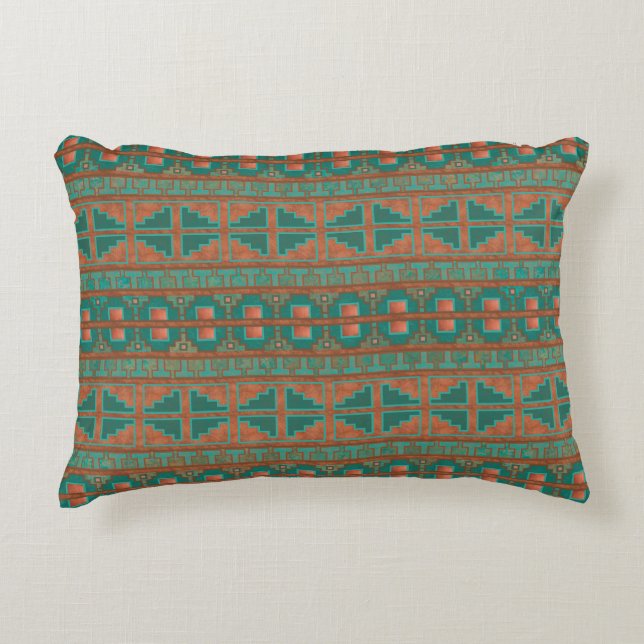 Southwestern Copper Teal Geometric Pattern Decorative Cushion (Front)