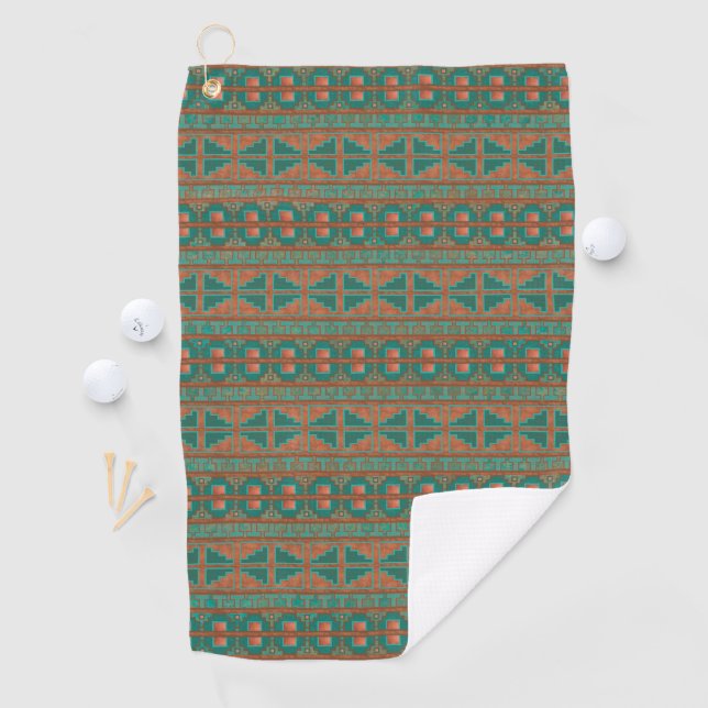 Southwestern Copper Teal Geometric Pattern Golf Towel (InSitu)