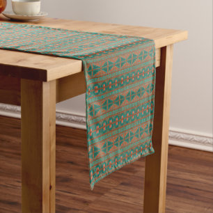 Southwestern Copper Teal Geometric Pattern Medium Table Runner