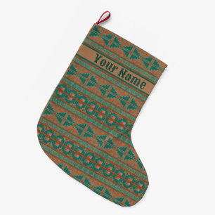 Southwestern Copper Teal Geometric Personalized Large Christmas Stocking