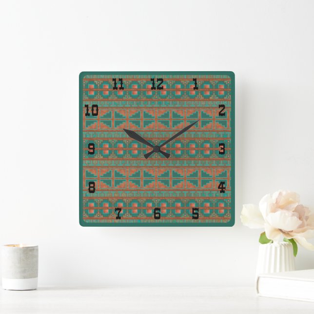 Southwestern Copper Teal Geometric Western Numbers Square Wall Clock (Home)