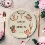 Southwestern country ranch western cowgirl wedding paper plate<br><div class="desc">Southwestern country ranch western cowgirl wedding personalised name paper plates template. Western themed art and fonts mixed with modern brush script and some folk pattern to add a flair. For free spirits country loving people.</div>