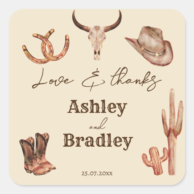 Southwestern country ranch western cowgirl wedding square sticker (Front)