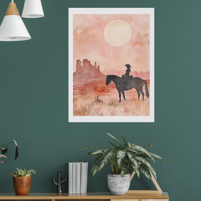 Southwestern Cowgirl Silhouette Desert Sun Artwork Poster (Living Room 1)
