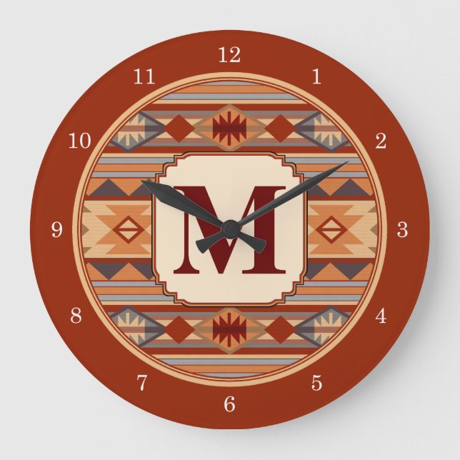 Southwestern Design Tan Monogram Large Clock (Front)