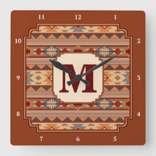 Southwestern Design Tan Monogram Square Wall Clock