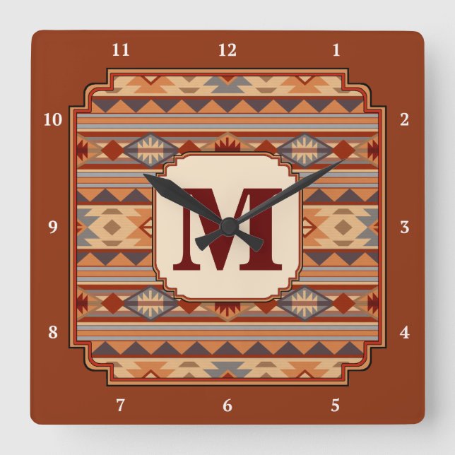 Southwestern Design Tan Monogram Square Wall Clock (Front)