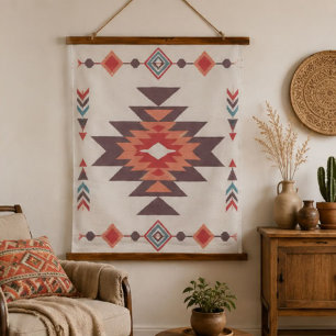 Southwestern Geometric Aztec Coral Teal Mauve Boho Hanging Tapestry