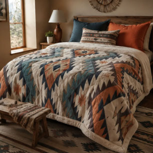Southwestern Geometric Aztec Rust Orange Navy Sherpa Blanket