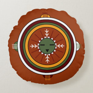 Southwestern Hopi Native American Tribal Sun Face Round Cushion
