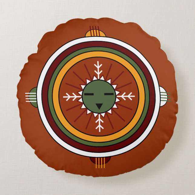 Southwestern Hopi Native American Tribal Sun Face Round Cushion (Front)