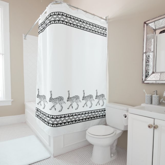 Southwestern Jackrabbit and Geometric Mountains Shower Curtain (In Situ)