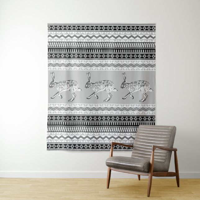 Southwestern Jackrabbit Black White Grey Geometric Tapestry (In Situ)
