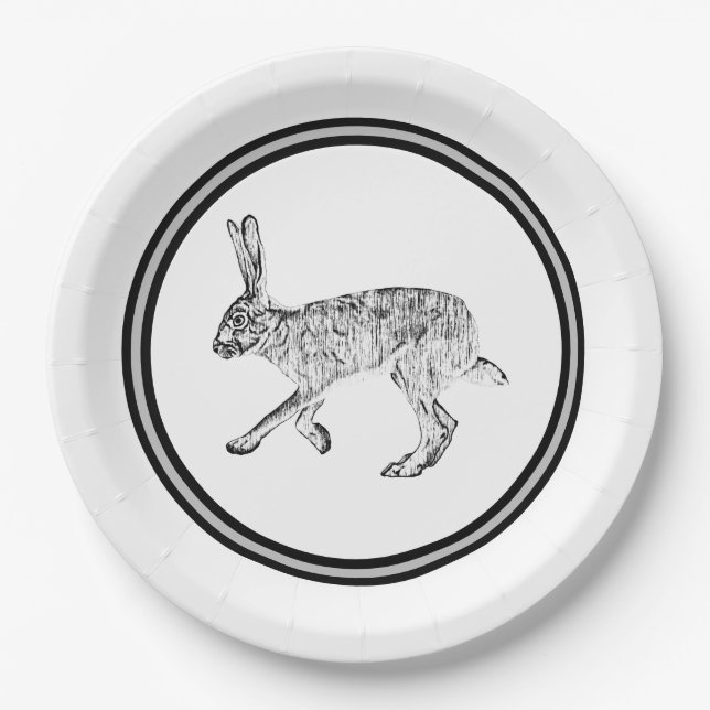 Southwestern Jackrabbit Ink Drawing Paper Plates (Front)