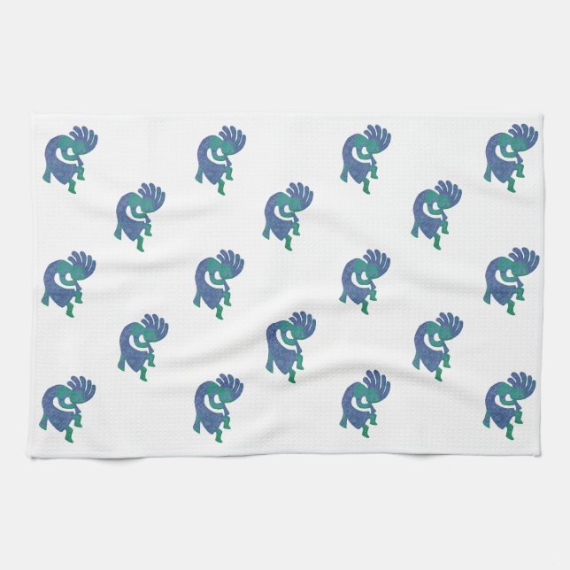 Southwestern Kokopelli Blue Green Pattern Tea Towel (Horizontal)