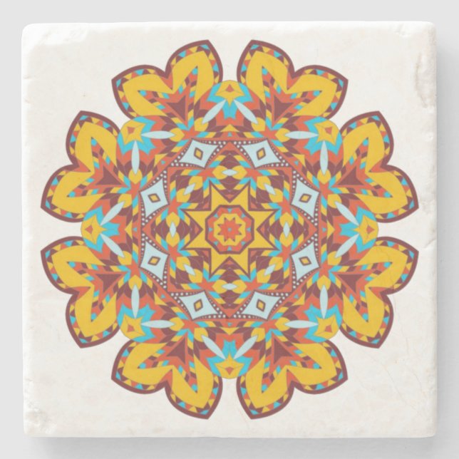 Southwestern Mandala Design in Aztec Colours Stone Coaster (Front)