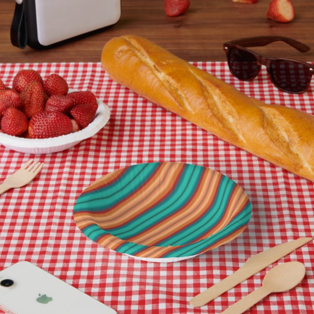Southwestern Orange Red Turquoise Rainbow Stripes Paper Plate (Picnic)