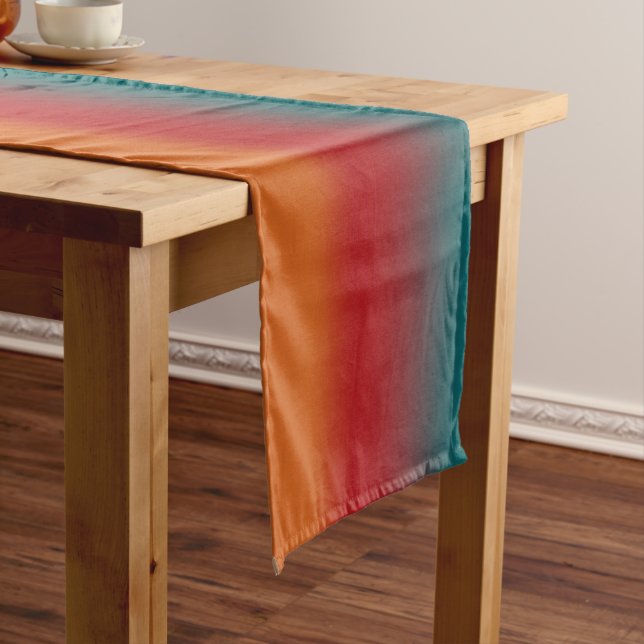 Southwestern Orange Red Turquoise Rainbow Stripes Short Table Runner (In Situ)