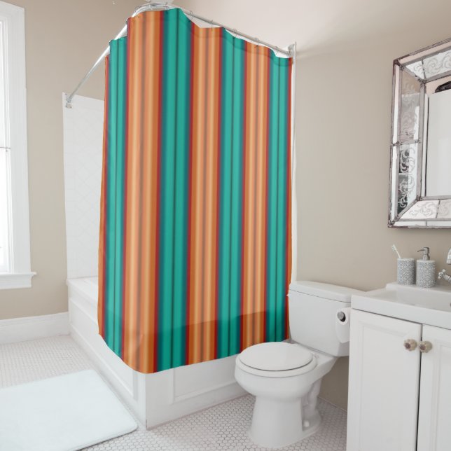 Southwestern Orange Red Turquoise Rainbow Stripes Shower Curtain (In Situ)
