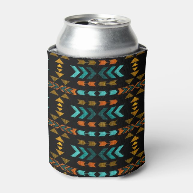 Southwestern Pattern, Black, Gold, Aqua Can Cooler (Can Front)