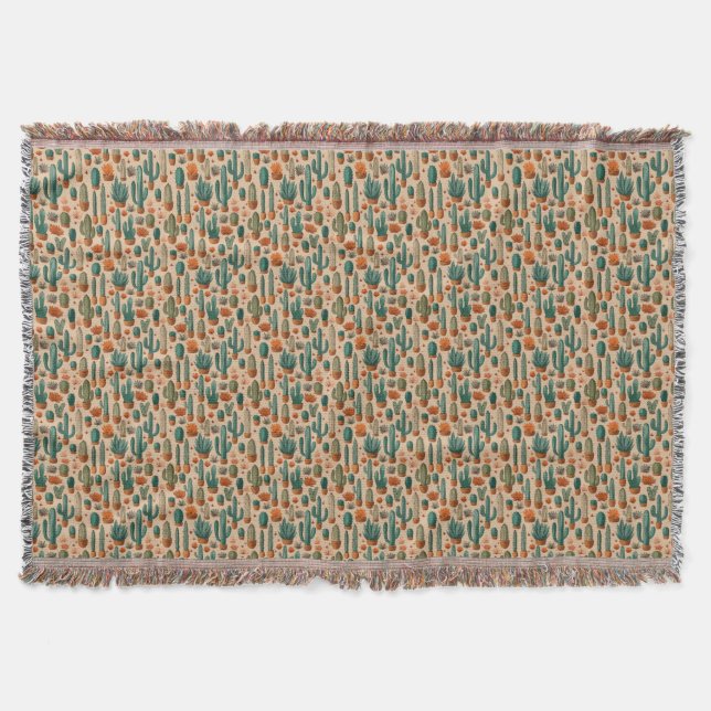 Southwestern Potted Cactus Blanket with Tassels (Front)