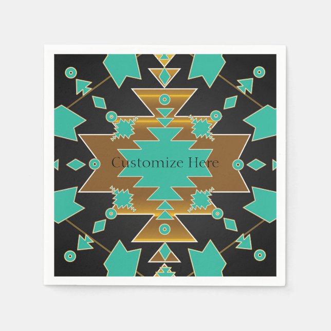 Southwestern Ranch Turquoise Black & Gold Party Napkin (Front)