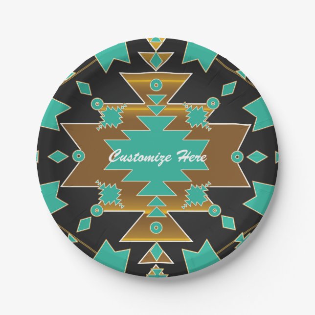 Southwestern Ranch Turquoise Black & Gold Party Paper Plate (Front)