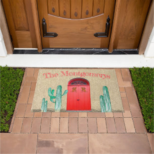 Southwestern Red Doors Saguaro Cactus Custom Doormat
