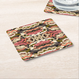 Southwestern Squiggly Wiggly Earth Tone Abstract Square Paper Coaster
