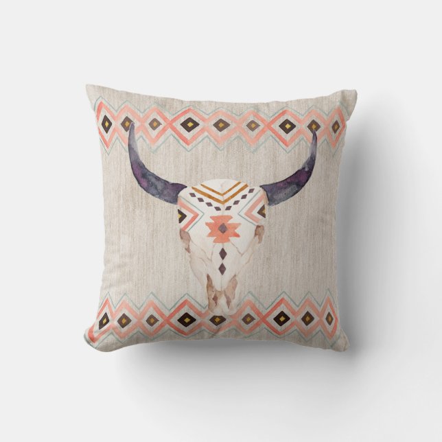 Southwestern Steer Skull and Tribal Pattern Cushion (Front)