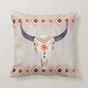 Southwestern Steer Skull and Tribal Pattern Cushion