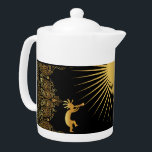 Southwestern Sun Kokopelli<br><div class="desc">Southwestern Sun Kokopelli Teapot. Vivid gold Kokopelli teapot combination that you can customise background colours to match your taste. Kokopelli gold patterns Native American Indian cultures. Attributed to ancient aliens or tribal art and inspired by cave and rock drawings. Customise your Southwestern Style Native American teapot colours and images. Great...</div>