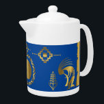 Southwestern Sun Kokopelli<br><div class="desc">Southwestern Sun Kokopelli Teapot. Vivid gold Kokopelli teapot combination that you can customise background colours to match your taste. Kokopelli gold patterns Native American Indian cultures. Attributed to ancient aliens or tribal art and inspired by cave and rock drawings. Customise your Southwestern Style Native American teapot colours and images. Great...</div>
