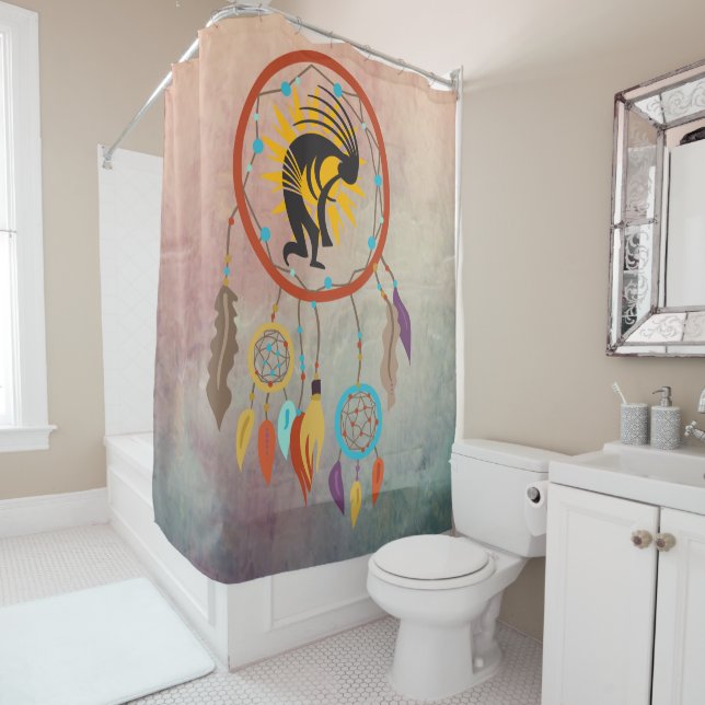 Southwestern Sun Kokopelli Dreamcatcher Shower Curtain (In Situ)