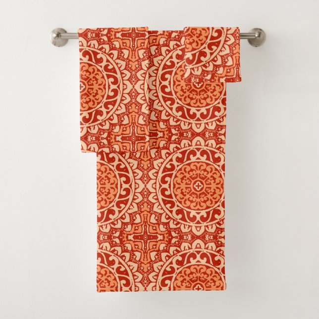 Southwestern Sun Mandala Batik, Coral Orange Bath Towel Set (Insitu)